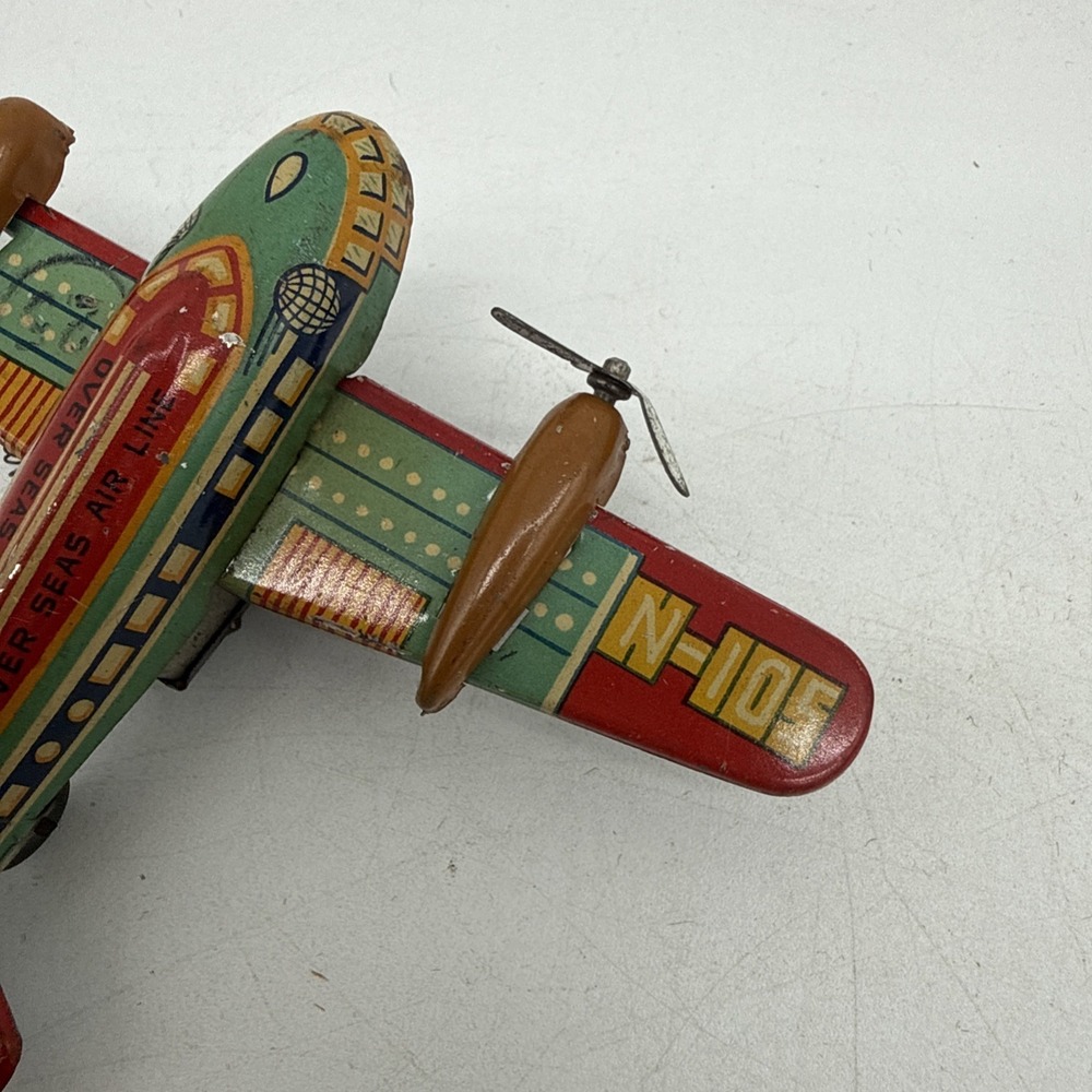 Vintage Japan Tin Litho Toy Airplane Wind Up Mechanism Missing 1 Propeller - Picture 6 of 10